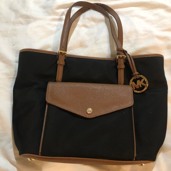 Michael Kors Handbags - Michael Kors ladies purse black nylon/tan trim